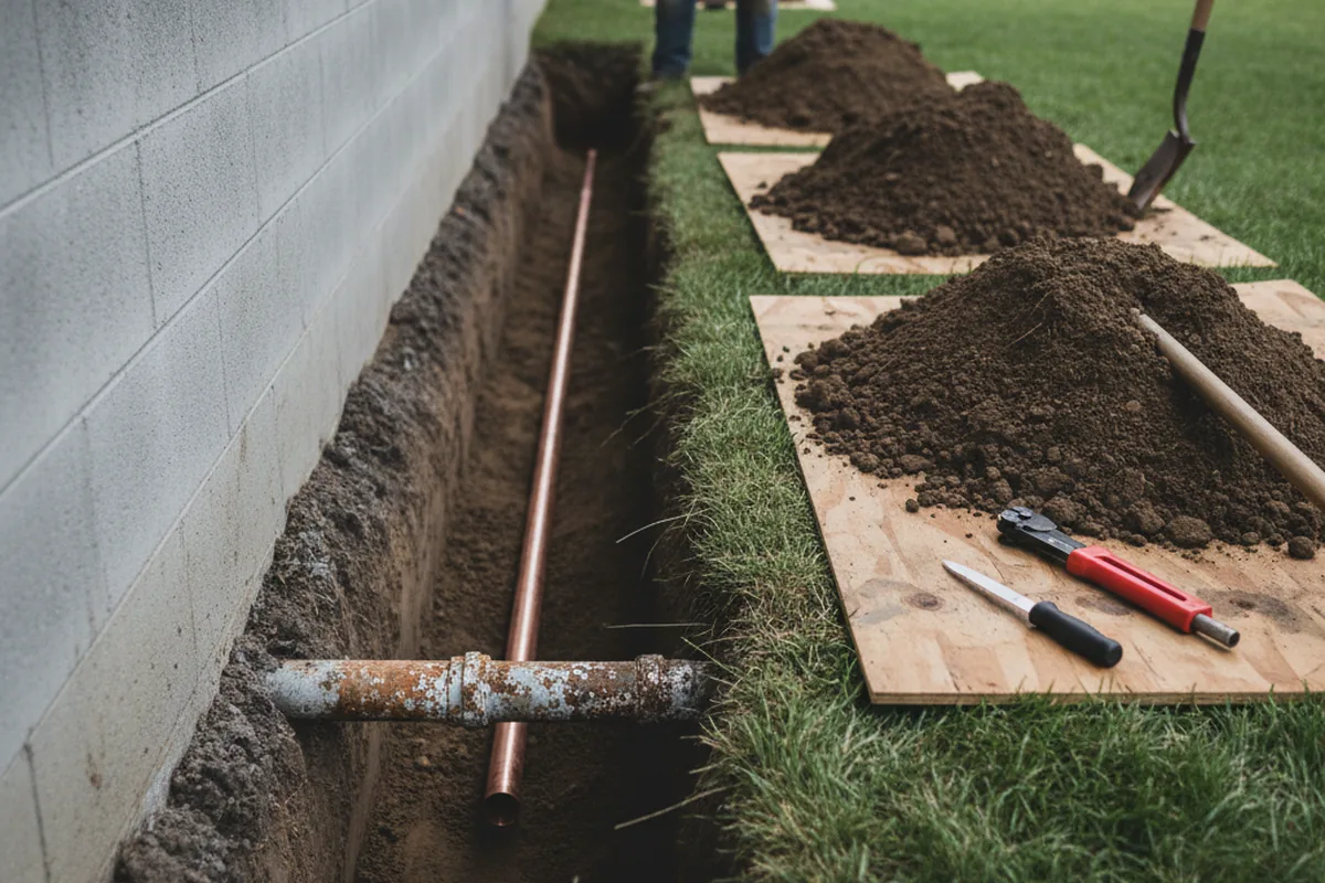 Excavated water line trench during Water Softener Installation in Downers Grove